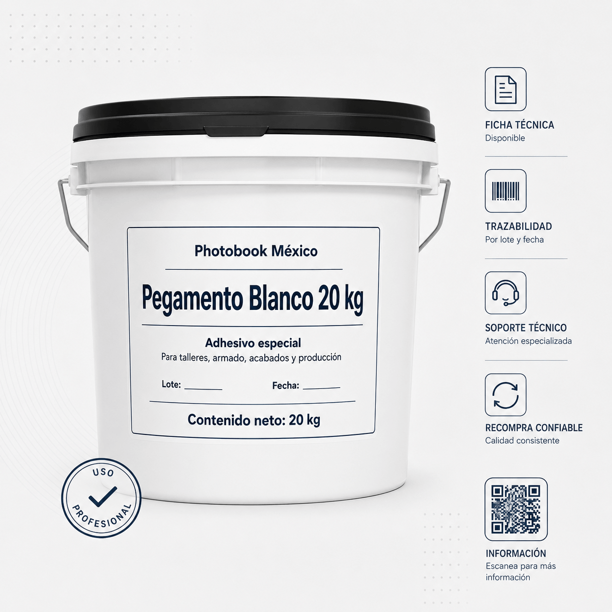 Pegamento Blanco Photobook México con lote, fecha y soporte técnico