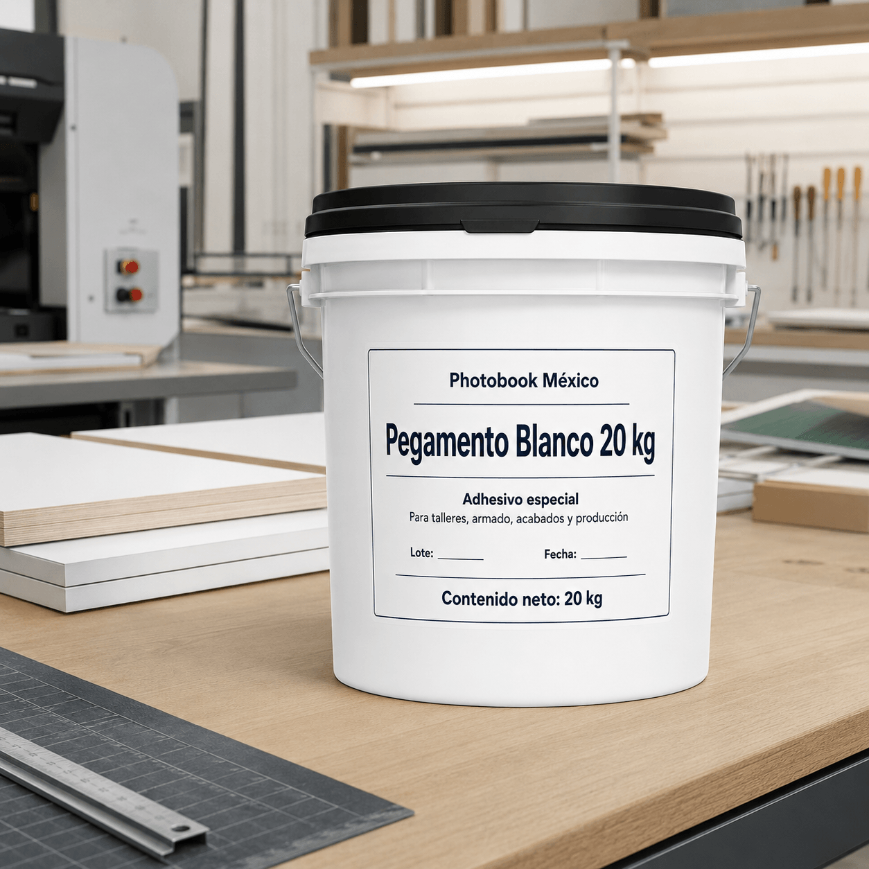 Pegamento blanco en ambiente de taller limpio y producción profesional